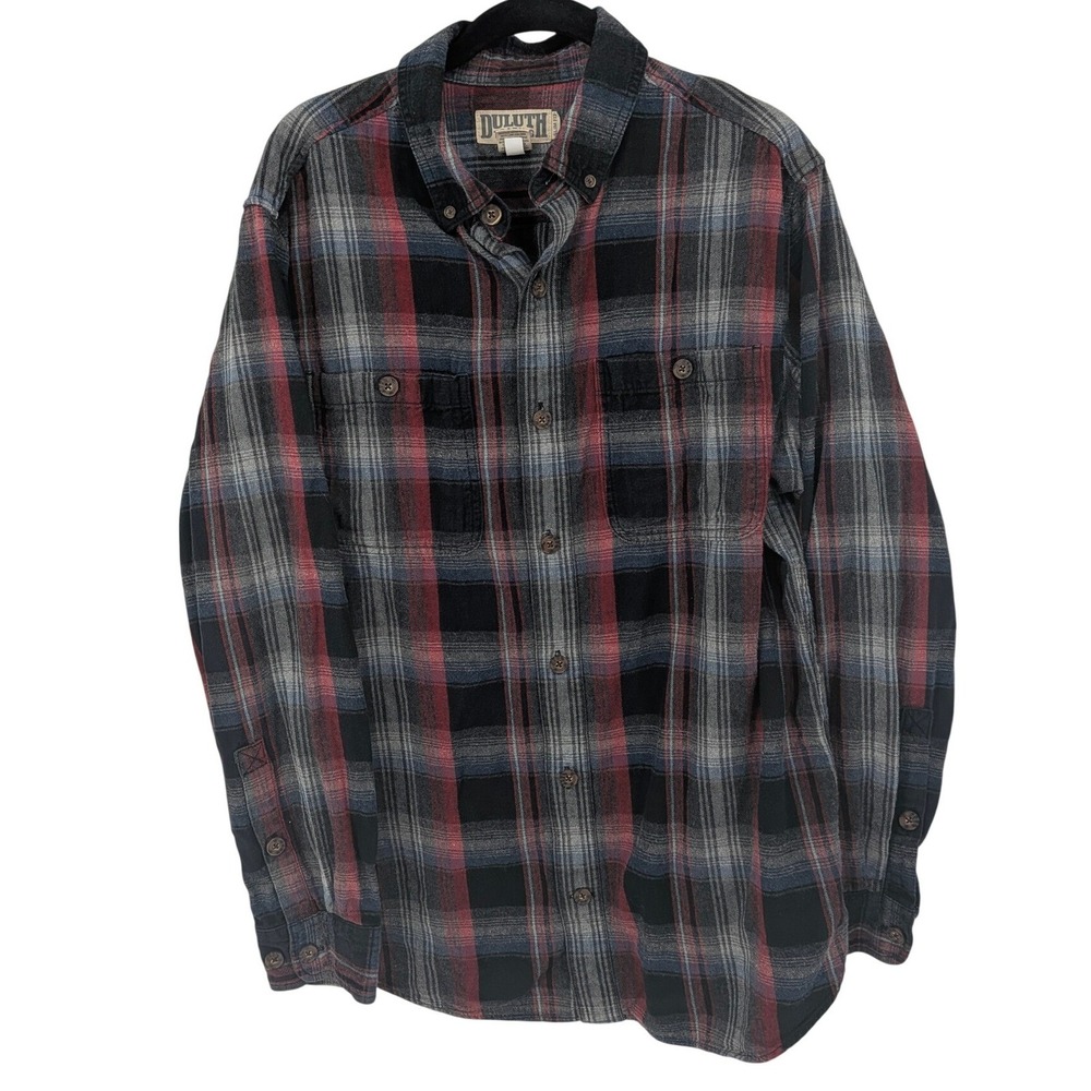 Duluth Trading Co Flannel Shirt Mens Large Red Blue Plaid Slim Fit Button Down